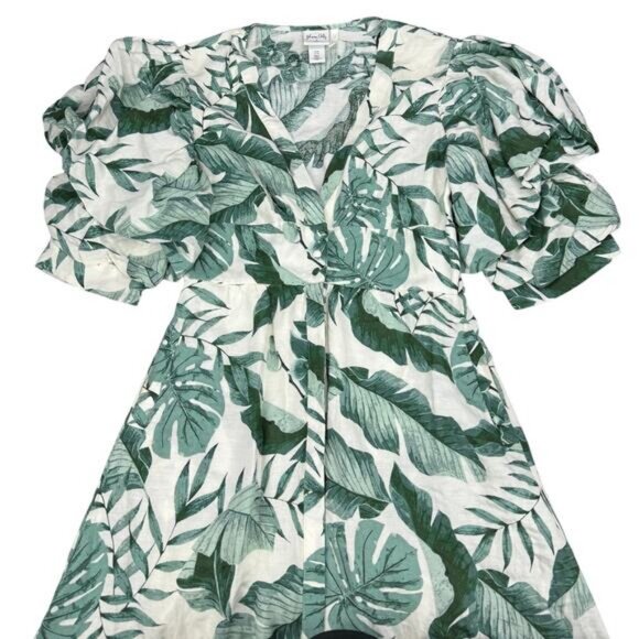 JOHANNA ORTIZ X H&M Linen Midi Dress Tropical Green Leaf Print Size XS - Picture 6 of 10
